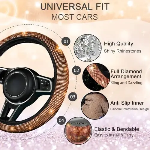 NBTEPEM Bling Car Floor Mats Full Set and Steering Wheel Cover, Universal Fit Most Cars, 4 pcs Sparkle Glitter Diamond Carpet, 5 pcs Bling Car Accessories Set for Women (Orange Diamond) - 5
