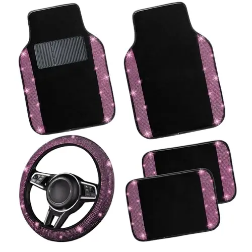NBTEPEM Bling Car Floor Mats Full Set and Steering Wheel Cover, Universal Fit Most Cars, 4 pcs Sparkle Glitter Diamond Carpet, 5 pcs Bling Car Accessories Set for Women (Pink Diamond) - NBTEPEM