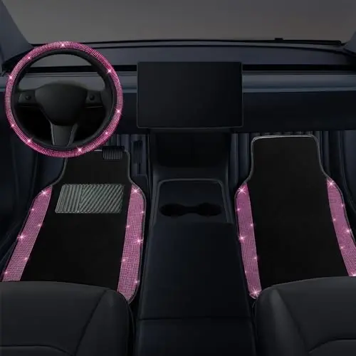 NBTEPEM Bling Car Floor Mats Full Set and Steering Wheel Cover, Universal Fit Most Cars, 4 pcs Sparkle Glitter Diamond Carpet, 5 pcs Bling Car Accessories Set for Women (Pink Diamond) - NBTEPEM (1)