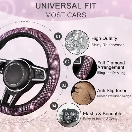 NBTEPEM Bling Car Floor Mats Full Set and Steering Wheel Cover, Universal Fit Most Cars, 4 pcs Sparkle Glitter Diamond Carpet, 5 pcs Bling Car Accessories Set for Women (Pink Diamond) - 5