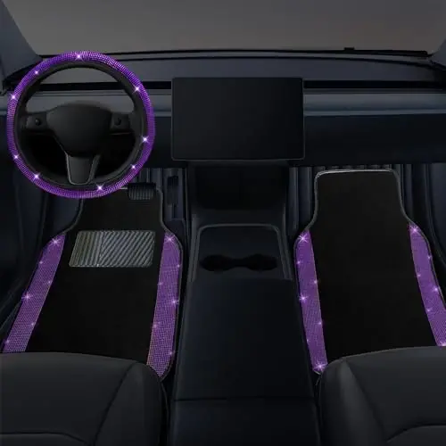 NBTEPEM Bling Car Floor Mats Full Set and Steering Wheel Cover, Universal Fit Most Cars, 4 pcs Sparkle Glitter Diamond Carpet, 5 pcs Bling Car Accessories Set for Women (Purple Violet Diamond) - 2