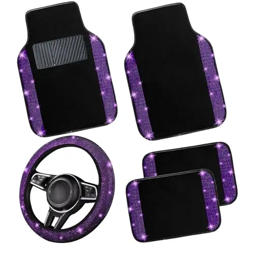 NBTEPEM Bling Car Floor Mats Full Set and Steering Wheel Cover, Universal Fit Most Cars, 4 pcs Sparkle Glitter Diamond Carpet, 5 pcs Bling Car Accessories Set for Women (Purple Violet Diamond) - 1