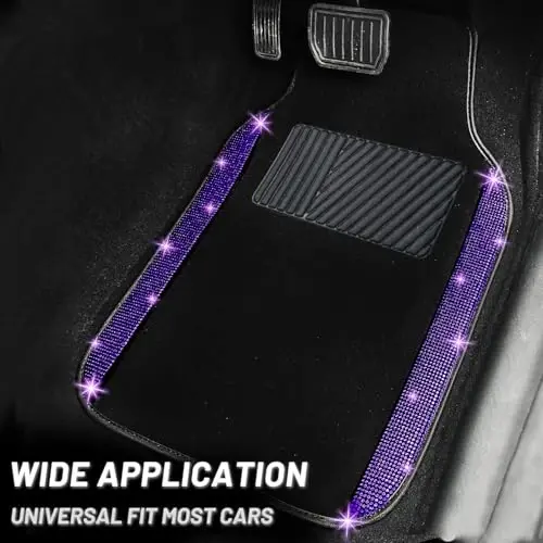 NBTEPEM Bling Car Floor Mats Full Set and Steering Wheel Cover, Universal Fit Most Cars, 4 pcs Sparkle Glitter Diamond Carpet, 5 pcs Bling Car Accessories Set for Women (Purple Violet Diamond) - 3