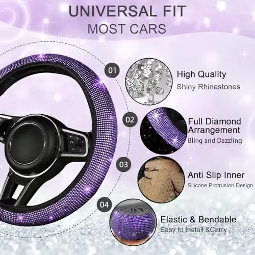 NBTEPEM Bling Car Floor Mats Full Set and Steering Wheel Cover, Universal Fit Most Cars, 4 pcs Sparkle Glitter Diamond Carpet, 5 pcs Bling Car Accessories Set for Women (Purple Violet Diamond) - 5