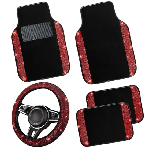 NBTEPEM Bling Car Floor Mats Full Set and Steering Wheel Cover, Universal Fit Most Cars, 4 pcs Sparkle Glitter Diamond Carpet, 5 pcs Bling Car Accessories Set for Women (Red Diamond) - 1
