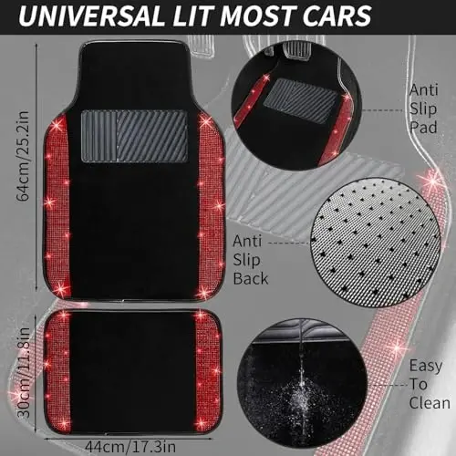 NBTEPEM Bling Car Floor Mats Full Set and Steering Wheel Cover, Universal Fit Most Cars, 4 pcs Sparkle Glitter Diamond Carpet, 5 pcs Bling Car Accessories Set for Women (Red Diamond) - 4