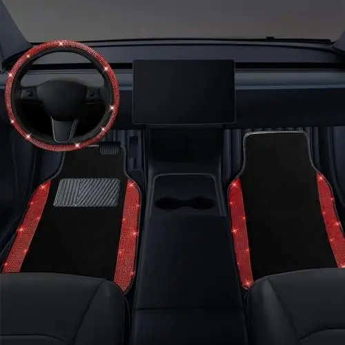 NBTEPEM Bling Car Floor Mats Full Set and Steering Wheel Cover, Universal Fit Most Cars, 4 pcs Sparkle Glitter Diamond Carpet, 5 pcs Bling Car Accessories Set for Women (Red Diamond) - 2