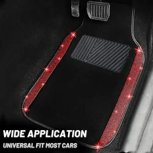 NBTEPEM Bling Car Floor Mats Full Set and Steering Wheel Cover, Universal Fit Most Cars, 4 pcs Sparkle Glitter Diamond Carpet, 5 pcs Bling Car Accessories Set for Women (Red Diamond) - 3