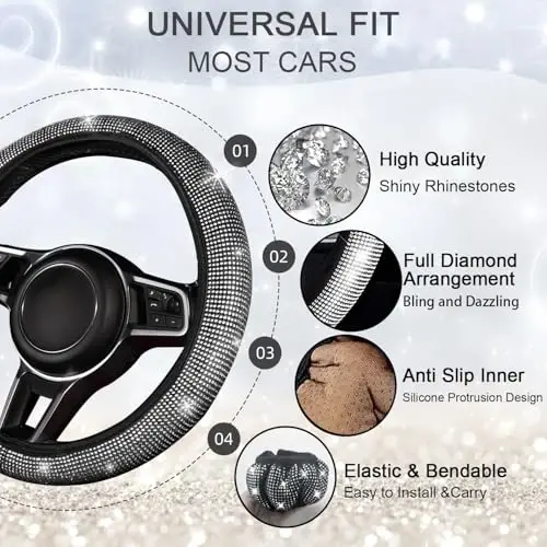 NBTEPEM Bling Car Floor Mats Full Set and Steering Wheel Cover, Universal Fit Most Cars, 4 pcs Sparkle Glitter Diamond Carpet, 5 pcs Bling Car Accessories Set for Women (Silver Diamond) - 5