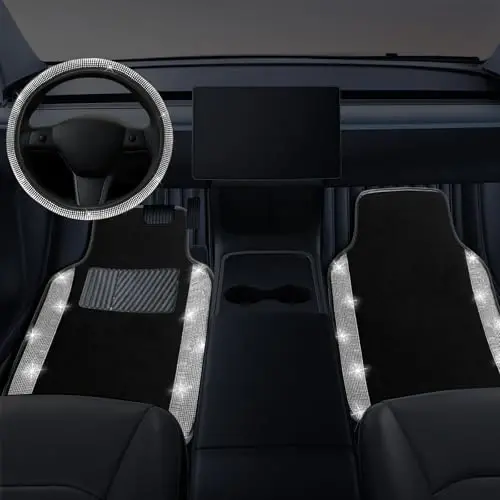 NBTEPEM Bling Car Floor Mats Full Set and Steering Wheel Cover, Universal Fit Most Cars, 4 pcs Sparkle Glitter Diamond Carpet, 5 pcs Bling Car Accessories Set for Women (Silver Diamond) - NBTEPEM (1)