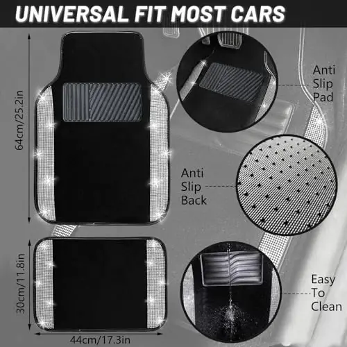 NBTEPEM Bling Car Floor Mats Full Set and Steering Wheel Cover, Universal Fit Most Cars, 4 pcs Sparkle Glitter Diamond Carpet, 5 pcs Bling Car Accessories Set for Women (Silver Diamond) - 4