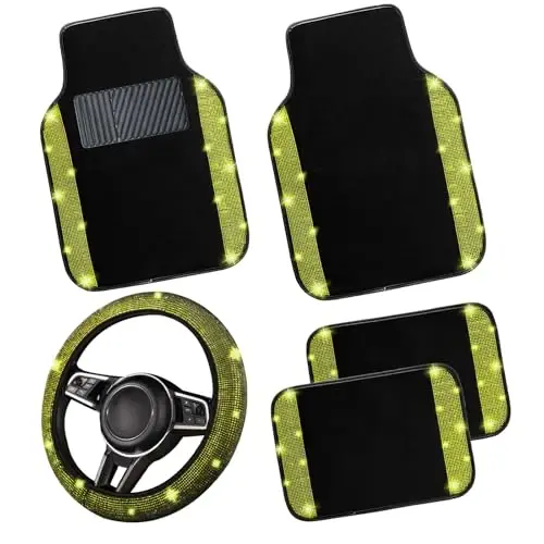 NBTEPEM Bling Car Floor Mats Full Set and Steering Wheel Cover, Universal Fit Most Cars, 4 pcs Sparkle Glitter Diamond Carpet, 5 pcs Bling Car Accessories Set for Women (Yellow Diamond) 