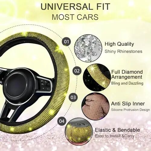 NBTEPEM Bling Car Floor Mats Full Set and Steering Wheel Cover, Universal Fit Most Cars, 4 pcs Sparkle Glitter Diamond Carpet, 5 pcs Bling Car Accessories Set for Women (Yellow Diamond) - 5