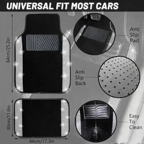 NBTEPEM Bling Car Floor Mats Full Set, Universal Fit Most Cars, SUV, Trucks, 4 pcs Sparkle Glitter Diamond Carpet for Women Girls with Anti-Slip Pad (Silver Diamond) - 7