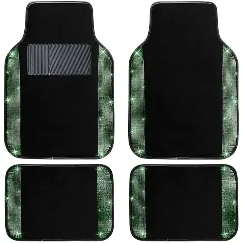 NBTEPEM Bling Car Floor Mats Full Set, Universal Fit Most Cars,SUV, Trucks, 4 pcs Sparkle Glitter Diamond Carpet for Women Girls with Anti-Slip Pad (Green Diamond) - 1