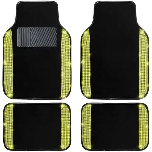 NBTEPEM Bling Car Floor Mats Full Set, Universal Fit Most Cars,SUV, Trucks, 4 pcs Sparkle Glitter Diamond Carpet for Women Girls with Anti-Slip Pad (Yellow Diamond) - NBTEPEM