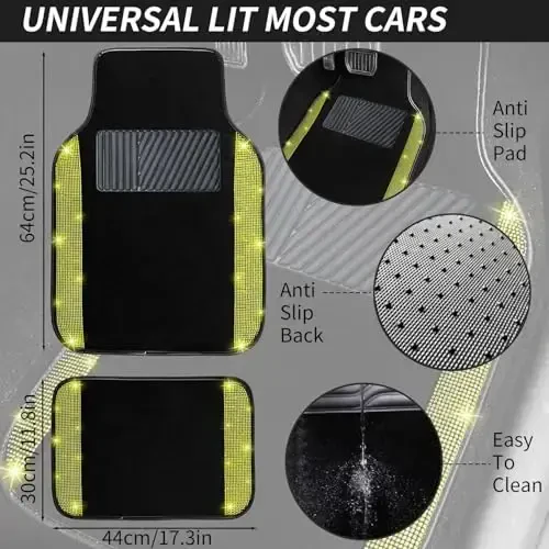 NBTEPEM Bling Car Floor Mats Full Set, Universal Fit Most Cars,SUV, Trucks, 4 pcs Sparkle Glitter Diamond Carpet for Women Girls with Anti-Slip Pad (Yellow Diamond) - 7