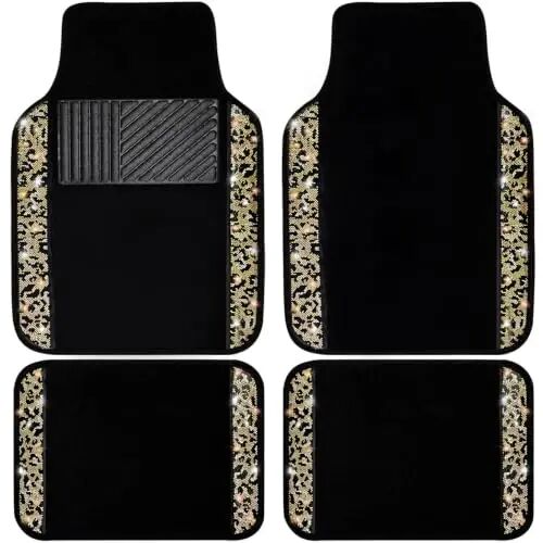 NBTEPEM Bling Leopard Car Floor Mats Full Set, 4 pcs Waterproof Diamond Car Carpet Mats with Anti-Slip Nibbs Backing & Driver Heel Pad Universal Fit Most Cars, SUV, Sedan, Van (Leopard Diamond) - 1