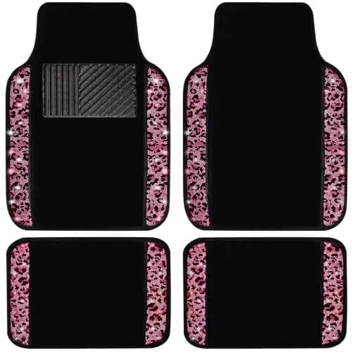 NBTEPEM Bling Pink Leopard Car Floor Mats Full Set, 4 pcs Waterproof Diamond Car Carpet Mats with Anti-Slip Nibbs Backing & Driver Heel Pad Universal Fit Most Cars, SUV, Sedan, Van (Pink Leopard) - 1