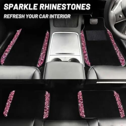 NBTEPEM Bling Pink Leopard Car Floor Mats Full Set, 4 pcs Waterproof Diamond Car Carpet Mats with Anti-Slip Nibbs Backing & Driver Heel Pad Universal Fit Most Cars, SUV, Sedan, Van (Pink Leopard) - 6