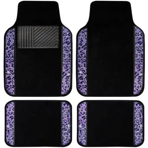 NBTEPEM Bling Purple Leopard Car Floor Mats Full Set, 4 pcs Waterproof Diamond Car Carpet Mats with Anti-Slip Nibbs Backing & Driver Heel Pad Universal Fit Most Cars, SUV, Sedan, Van (Purple Leopard) - 1