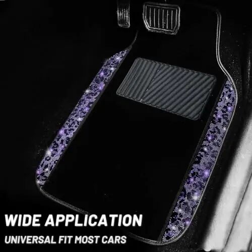 NBTEPEM Bling Purple Leopard Car Floor Mats Full Set, 4 pcs Waterproof Diamond Car Carpet Mats with Anti-Slip Nibbs Backing & Driver Heel Pad Universal Fit Most Cars, SUV, Sedan, Van (Purple Leopard) - NBTEPEM (1)