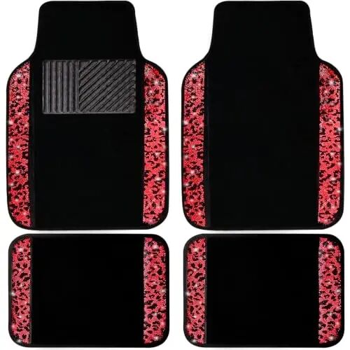 NBTEPEM Bling Red Leopard Car Floor Mats Full Set, 4 pcs Waterproof Diamond Car Carpet Mats with Anti-Slip Nibbs Backing & Driver Heel Pad Universal Fit Most Cars, SUV, Sedan, Van (Red Leopard) - NBTEPEM