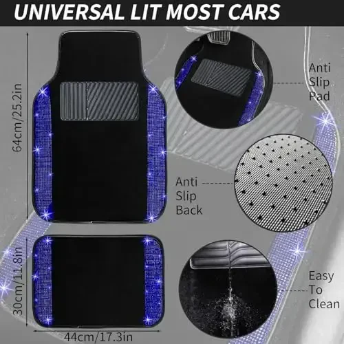 NBTEPEM Blue Bling Car Floor Mats Full Set, Universal Fit Most Cars,SUV, Trucks, 4 pcs Sparkle Glitter Diamond Carpet for Women Girls with Anti-Slip Pad (Blue Diamond) - 7