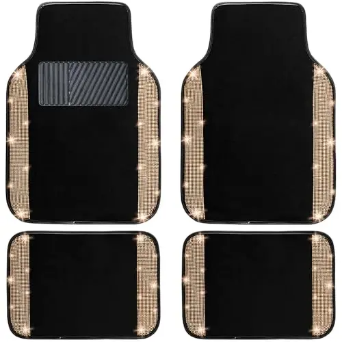 NBTEPEM Gold Bling Car Floor Mats Full Set, Universal Fit Most Cars,SUV, Trucks, 4 pcs Sparkle Glitter Diamond Carpet for Women Girls with Anti-Slip Pad (Gold Diamond) - 1