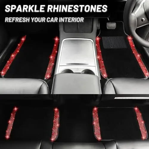 NBTEPEM Red Bling Car Floor Mats Full Set, Universal Fit Most Cars,SUV, Trucks, 4 pcs Sparkle Glitter Diamond Carpet for Women Girls with Anti-Slip Pad (Red Diamond) - 3