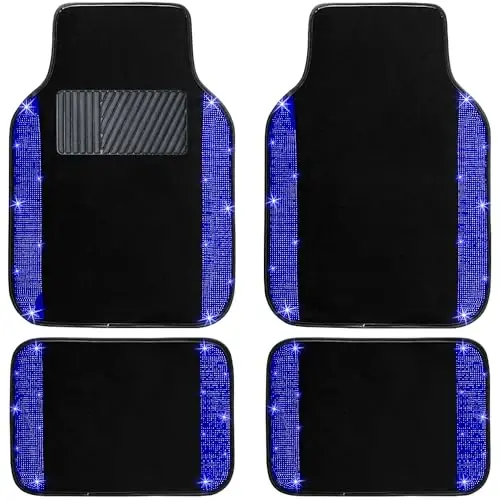 NBTEPEM Blue Bling Car Floor Mats Full Set, Universal Fit Most Cars,SUV, Trucks, 4 pcs Sparkle Glitter Diamond Carpet for Women Girls with Anti-Slip Pad (Blue Diamond) 