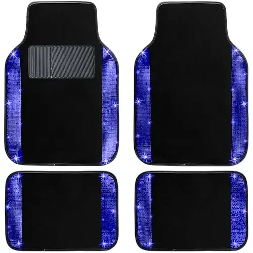 NBTEPEM Blue Bling Car Floor Mats Full Set, Universal Fit Most Cars,SUV, Trucks, 4 pcs Sparkle Glitter Diamond Carpet for Women Girls with Anti-Slip Pad (Blue Diamond) - NBTEPEM