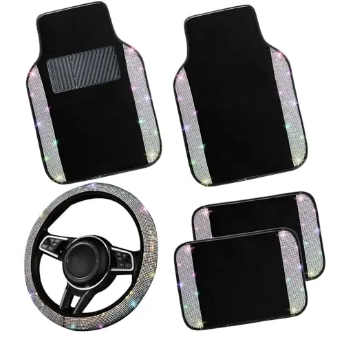 NBTEPEM Bling Car Floor Mats Full Set and Steering Wheel Cover, Universal Fit Most Cars, 4 pcs Sparkle Glitter Diamond Carpet, 5 pcs Bling Car Accessories Set for Women (Multicolor Diamond) - 1