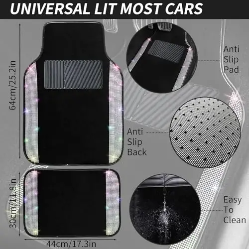 NBTEPEM Bling Car Floor Mats Full Set and Steering Wheel Cover, Universal Fit Most Cars, 4 pcs Sparkle Glitter Diamond Carpet, 5 pcs Bling Car Accessories Set for Women (Multicolor Diamond) - 4