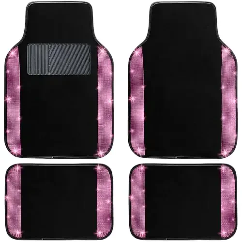 NBTEPEM Pink Bling Car Floor Mats Full Set, Universal Fit Most Cars,SUV, Trucks, 4 pcs Sparkle Glitter Diamond Carpet for Women Girls with Anti-Slip Pad (Pink Diamond) - 1