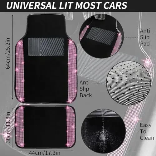 NBTEPEM Pink Bling Car Floor Mats Full Set, Universal Fit Most Cars,SUV, Trucks, 4 pcs Sparkle Glitter Diamond Carpet for Women Girls with Anti-Slip Pad (Pink Diamond) - 7