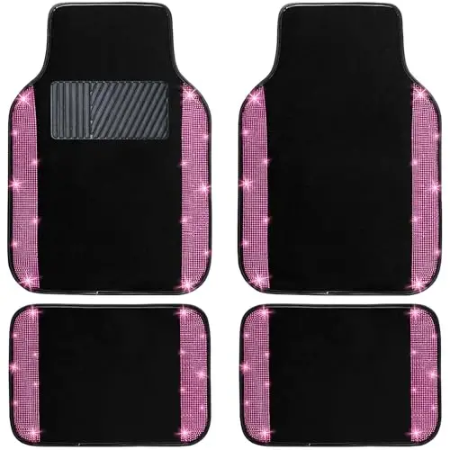 NBTEPEM Pink Bling Car Floor Mats Full Set, Universal Fit Most Cars,SUV, Trucks, 4 pcs Sparkle Glitter Diamond Carpet for Women Girls with Anti-Slip Pad (Pink Diamond) 