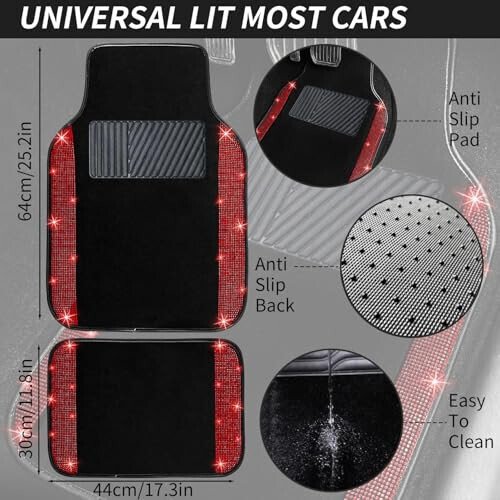 NBTEPEM Red Bling Car Floor Mats Full Set, Universal Fit Most Cars,SUV, Trucks, 4 pcs Sparkle Glitter Diamond Carpet for Women Girls with Anti-Slip Pad (Red Diamond) - 4