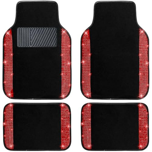 NBTEPEM Red Bling Car Floor Mats Full Set, Universal Fit Most Cars,SUV, Trucks, 4 pcs Sparkle Glitter Diamond Carpet for Women Girls with Anti-Slip Pad (Red Diamond) - 1