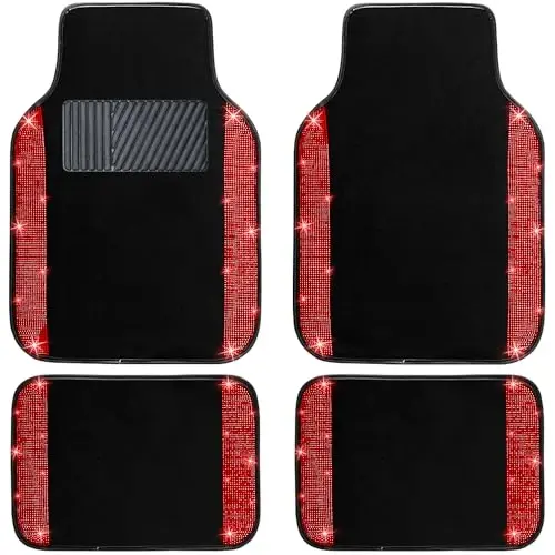 NBTEPEM Red Bling Car Floor Mats Full Set, Universal Fit Most Cars,SUV, Trucks, 4 pcs Sparkle Glitter Diamond Carpet for Women Girls with Anti-Slip Pad (Red Diamond) - NBTEPEM