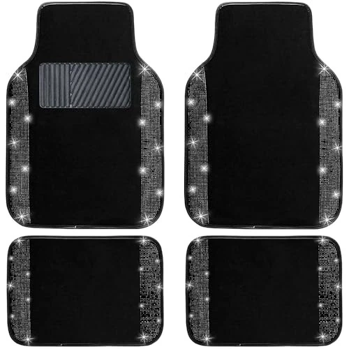 NBTEPEM Black Bling Car Floor Mats Full Set, Universal Fit Most Cars,SUV, Trucks, 4 pcs Sparkle Glitter Diamond Carpet for Women Girls with Anti-Slip Pad (Black Diamond) 