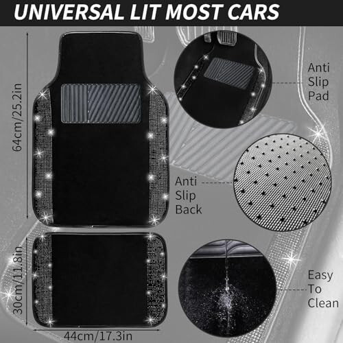 NBTEPEM Black Bling Car Floor Mats Full Set, Universal Fit Most Cars,SUV, Trucks, 4 pcs Sparkle Glitter Diamond Carpet for Women Girls with Anti-Slip Pad (Black Diamond) - 4