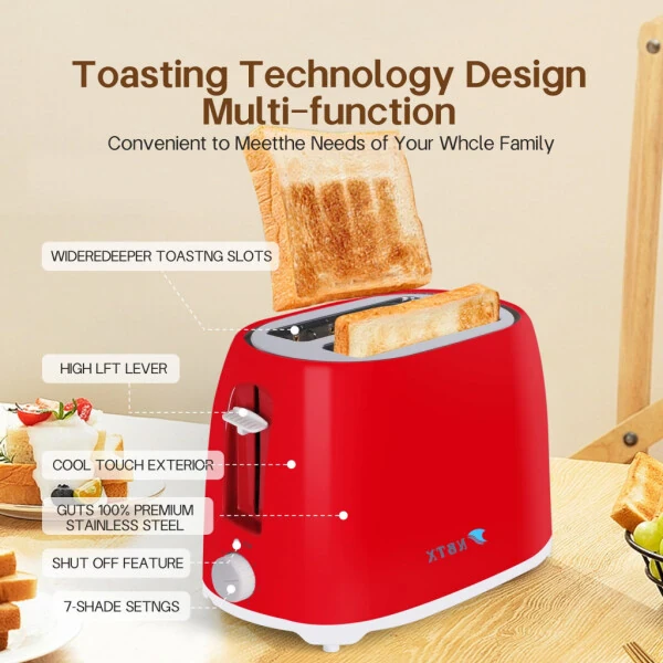 NBTX Toasters 2 Slice Wide Slot With 7-Shade Toast Settings, Slide-Out Crumb Tray, Auto-Shutoff, Faster Heating Speed, Toast Lift Perfect for Toasting Bread Bagels Waffles and Puff Pastry, Red - 6