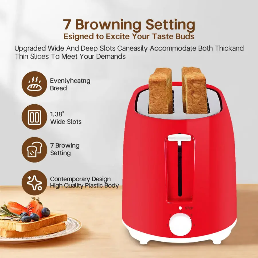 NBTX Toasters 2 Slice Wide Slot With 7-Shade Toast Settings, Slide-Out Crumb Tray, Auto-Shutoff, Faster Heating Speed, Toast Lift Perfect for Toasting Bread Bagels Waffles and Puff Pastry, Red - 7