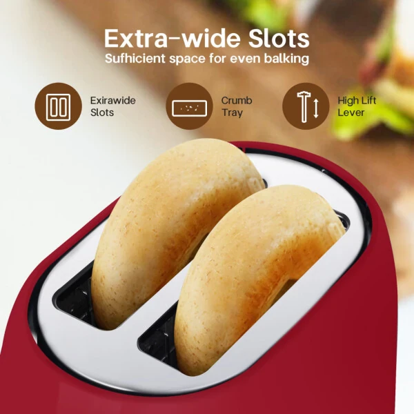 NBTX Toasters 2 Slice Wide Slot With 7-Shade Toast Settings, Slide-Out Crumb Tray, Auto-Shutoff, Faster Heating Speed, Toast Lift Perfect for Toasting Bread Bagels Waffles and Puff Pastry, Red - 8