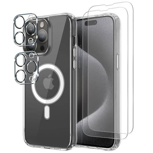 NEBODON 5 in 1 iPhone 15 Pro or iPhone 15 Pro Max Magnetic Case + 2X Screen Protector + 2X Camera Lens Protector, Transparent Slim Fit Case - Clear (iPhone 15 Pro Max) - 2