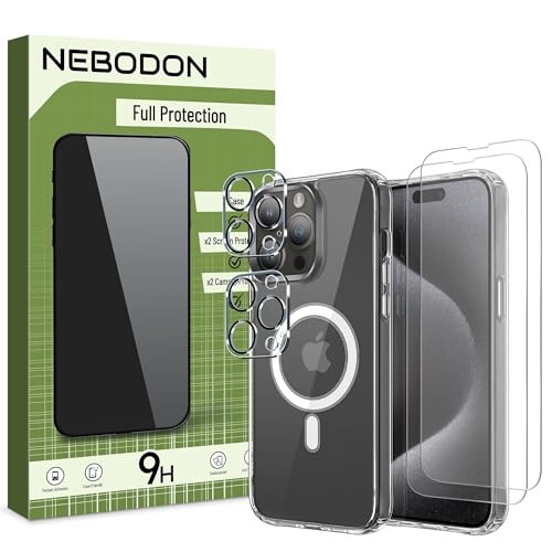 NEBODON 5 в 1 Магнитный чехол для iPhone 15 Pro или iPhone 15 Pro Max + 2x Защитная пленка для экрана + 2x Защитная пленка для объектива камеры, Прозрачный тонкий чехол - Прозрачный (iPhone 15 Pro Max) - 3