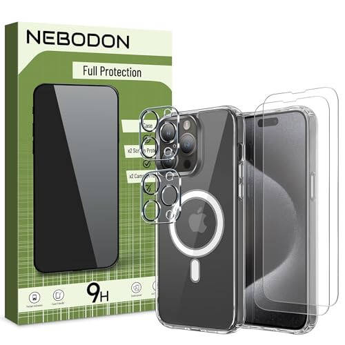 NEBODON 5 в 1 Магнитный чехол для iPhone 15 Pro или iPhone 15 Pro Max + 2x Защитная пленка для экрана + 2x Защитная пленка для объектива камеры, Прозрачный тонкий чехол - Прозрачный (iPhone 15 Pro Max) - 3