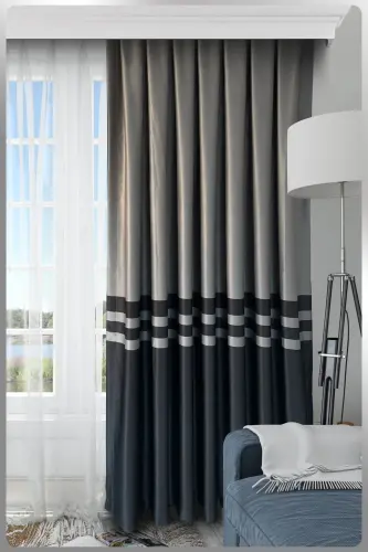 Nebumu Roma Bordürlü Pileli Fon Perde-Gri Antrasit - 1