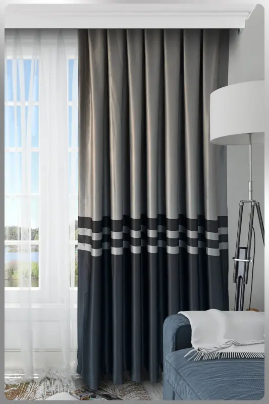 Nebumu Roma Bordürlü Pileli Fon Perde-Gri Antrasit - 1